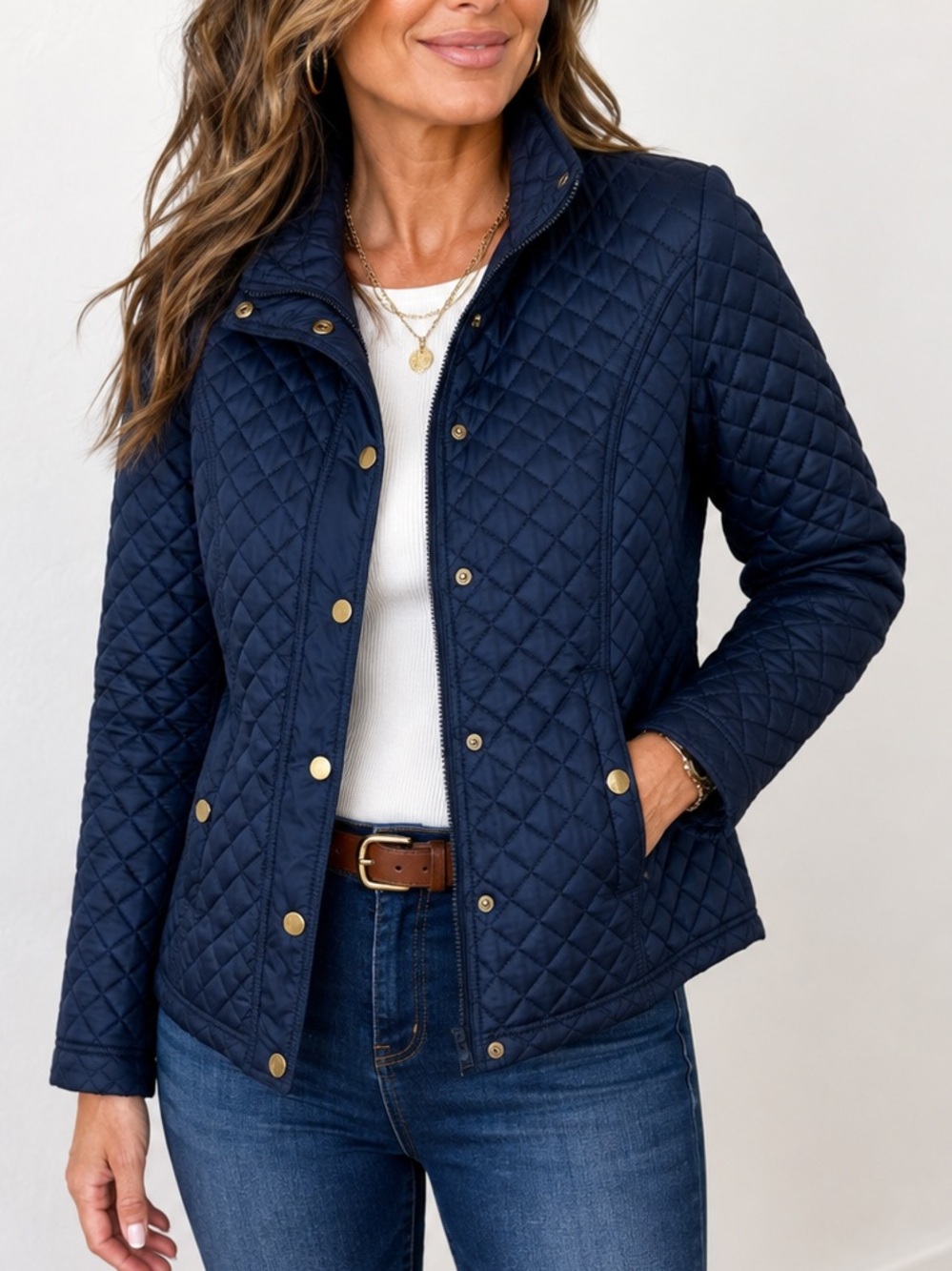 Jade & Ivory Quilted Jacket Navy Blue Gold Hardware Zip Snap Women’s M